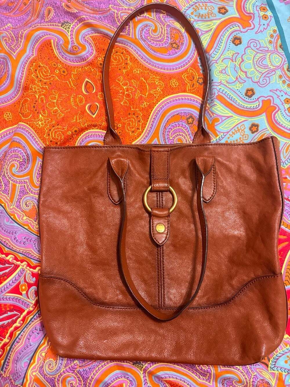 FRYE Cognac Brown Leather Ring Tote Handbag